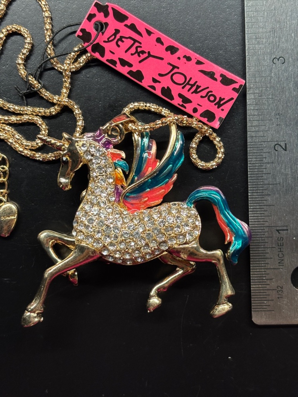 Betsey Johnson Gold-Tone Crystal Pegasus Necklace with Rainbow Enamel